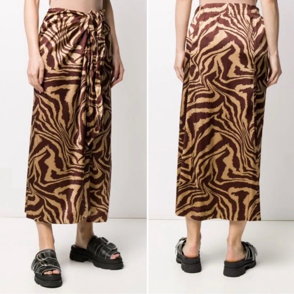 Ganni Tiger Animal Print Silk Slit Knotted Midi Skirt